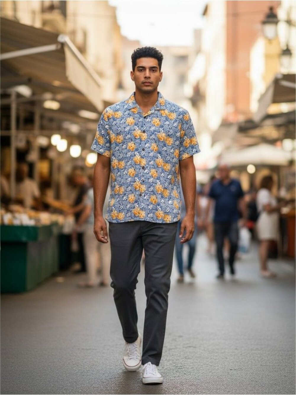 Caribbean Mens Floral Hawaiian Shirt L Blue Yellow Short Sleeve Button-Up Casual